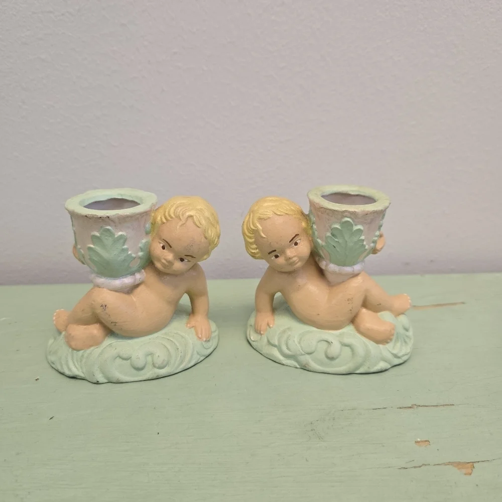 Cherub Candlestick Holders Pair Vintage